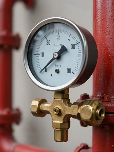 Close-up of a heavy-duty brass pressure gauge mounted on a red fire protection pipeline, crisp industrial lighting