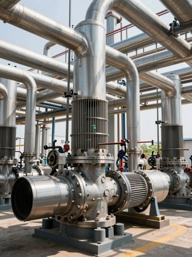 Wide environmental shot of a complex industrial pump room, crisp high-contrast daylight, clean metallic pipes