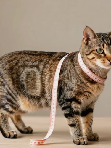 Side view of a calm tabby cat standing on a neutral table, with a soft measuring tape gently showing the chest girth and back length, warm lighting, clean background.