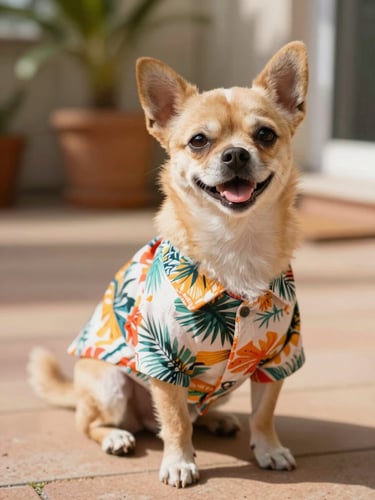 A small joyful dog wearing a colorful handmade tropical shirt, sitting comfortably on a sunny patio, warm natural daylight, shallow depth of field, eye-level pet portrait, 35mm