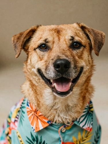 A close-up eye-level portrait of a happy dog wearing a colorful, stylish tropical shirt, soft warm natural daylight, rich earthy tones, 35mm photography