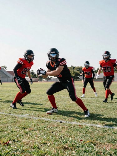 Dynamic low-angle action shot of local football players in red and black kits on a grass pitch, natural daylight, 35mm film grain