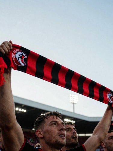 Dynamic close-up of a red and black football scarf held high by passionate hands in the stands, stadium floodlights in the background, high-contrast natural daylight, 35mm film grain