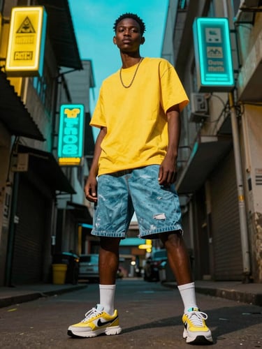 Dynamic low-angle outdoor shot of a modern streetwear model standing in a Nairobi alleyway, neon signs glowing in cyber yellow and cyan, high-contrast flash lighting, raw urban vibe.