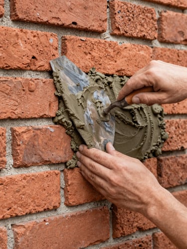 Hands of a skilled mason using a trowel to apply lime-based mortar to a historic brick wall, natural daylight, focus on the tactile process, warm terracotta and charcoal tones, 35mm