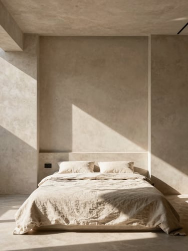 Straight-on architectural shot of a minimalist suite interior, warm sun-drenched concrete walls, sharp geometric shadows, natural linen textures on a low bed, bright Mediterranean sunlight.