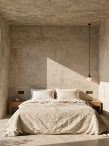 Straight-on architectural shot of a sun-drenched concrete suite interior, sharp geometric shadows, warm sand tones, minimalist linen bedding, editorial 35mm.