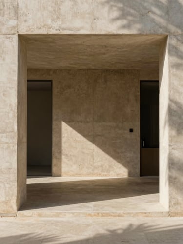 Straight-on architectural shot of a minimalist concrete suite interior, sun-drenched linen textures, sharp geometric shadows, warm sand tones.