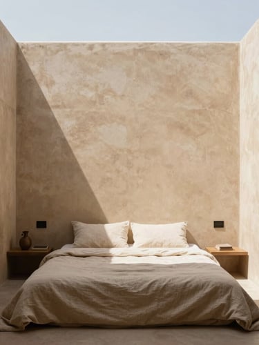 Straight-on architectural photograph of a minimalist Aegean suite interior, warm sand-colored concrete walls, sharp geometric shadows cast by bright Mediterranean sunlight, linen textures on a low bed.