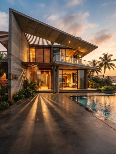 Dramatic wide-angle architectural shot of a luxury villa exterior in Goa at golden hour, low-angle perspective, casting long shadows, premium materials like polished concrete and local wood visible.