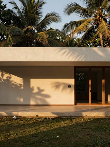 Warm editorial architectural photography of GACD's minimalist studio exterior in Goa, golden-hour sunlight, dramatic shadows, lush tropical surroundings, 35mm lens