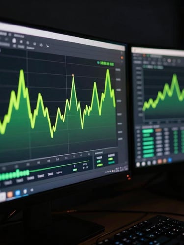 Moody dark-mode tech photography of dual-monitor setup showing live Meta Ads manager with bright neon green positive trend lines, sharp focus, cinematic depth of field