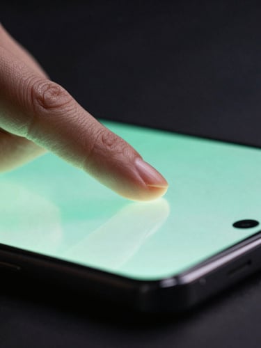 Extreme close-up macro shot of a finger touching a high-refresh-rate OLED screen of a modern Android flagship phone. Soft phosphor green light glows from the screen, casting realistic ambient light on the hand. Shallow depth of field, dark moody studio setting.