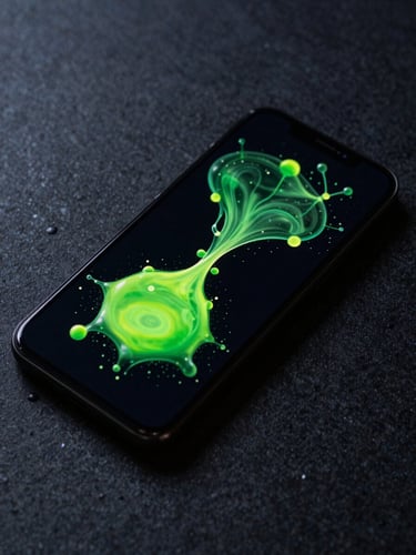 An angled close-up view of a dark-mode Android phone displaying a fluid dynamics simulation with luminous phosphor green droplets merging on screen. The phone rests on a dark, textured obsidian surface. Moody, low-key lighting.