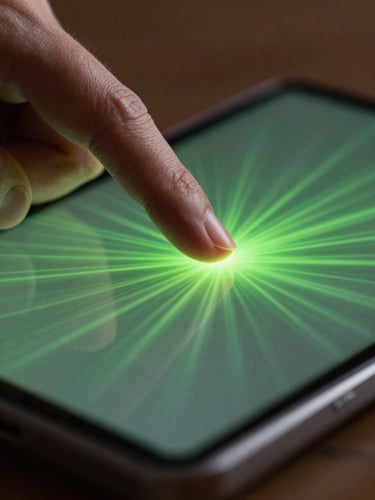 Macro photography of a finger touching a sleek screen, showing a ripple of phosphor green light radiating from the contact point with shallow depth of field.