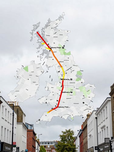 A high-contrast digital map of Bristol, UK, with highlighted delivery routes and postcode boundaries overlaying desaturated urban streets, 35mm lens look