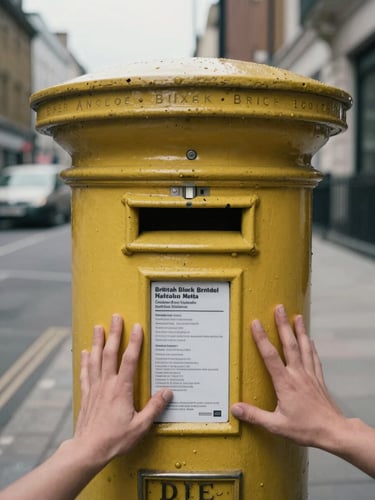 First-person perspective of hands pushing a heavy yellow flyer through a classic British black metal letterbox, overcast natural daylight, desaturated urban tones, 35mm lens