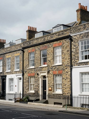Street-level view of traditional Bristol terraced houses on Easton Road under an overcast sky, natural daylight, desaturated brick and asphalt tones, 35mm lens.