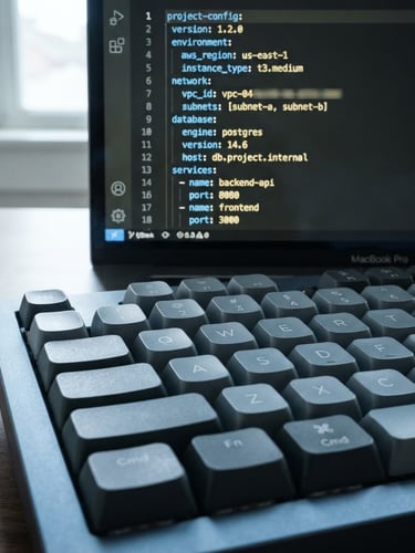 Macro close-up of a clean code editor displaying structural configuration files, cool daylight reflecting on a modern mechanical keyboard, slate and blue tones, sharp focus, 35mm lens.