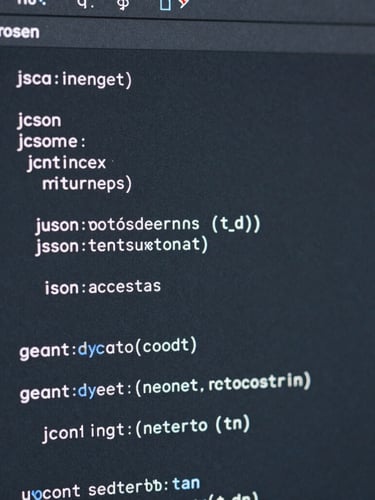 Macro close-up of a clean code editor displaying structured JSON configuration, cool natural daylight, desaturated slate and blue tones, sharp focus