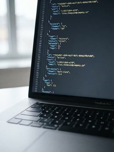 Macro close-up of a clean code editor with structured JSON data, sharp focus, cool natural daylight casting subtle shadows, 35mm lens