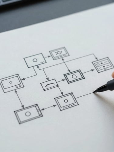 A hand sketching a clean system architecture diagram on a matte white surface, fine-line black marker, minimalist tech setup, cool natural daylight, desaturated slate tones.