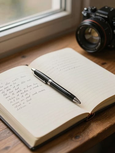 A journal open to handwritten notes on a wooden surface, a pen resting across the page, warm morning window light, shallow depth, intimate and still — no people visible