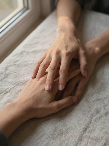 Close-up of two hands resting near each other on a linen surface, fingers almost touching, warm northern daylight from a window to the left casting soft amber light across forearms and fabric texture, tight framing with no faces visible