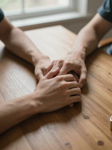 Close-up of two pairs of hands resting on a wooden table, forearms almost touching, warm northern daylight from a nearby window, soft shadows, no faces visible, intimate and still