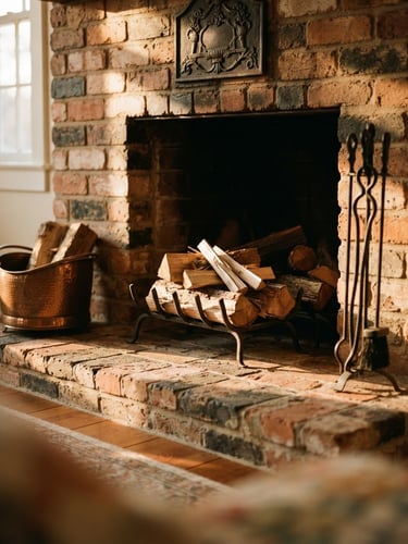 Warm editorial photography of a beautifully swept brick fireplace hearth, soft golden-hour light casting long shadows, rich terracotta tones, shallow depth of field