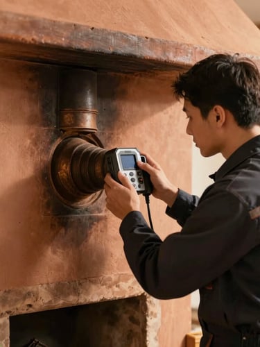 A professional chimney technician in a neat uniform operating a modern diagnostic camera inside a clean fireplace flue, focused hands, warm lighting