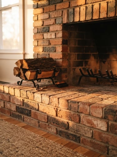 Close-up of a clean brick fireplace hearth with soft golden-hour light illuminating the masonry, warm and inviting atmosphere
