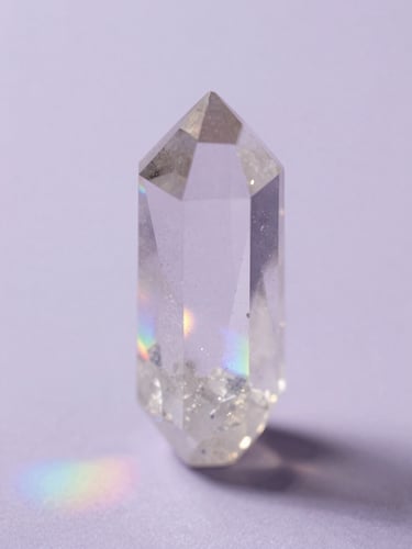 Soft-focus light refracting through a raw quartz crystal prism, casting subtle pastel rainbow flares on a pale lavender surface, shallow depth of field.