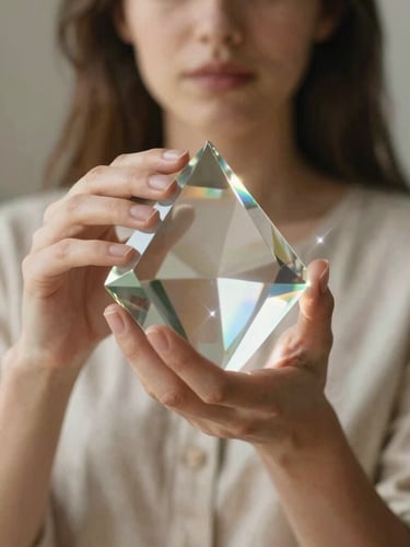 Soft-focus portrait of a woman in a linen dress holding a crystal prism, warm natural light leaks, iridescent lens flare, shallow depth of field.