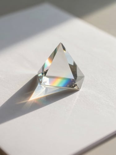 A crystal prism casting a soft rainbow light leak across a clean, minimalist paper birth chart, warm diffused morning sunlight, shallow depth of field.