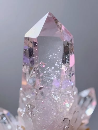 Soft diffused light refracting through a clear quartz crystal, pastel lavender and pink light leaks, ethereal dreamy atmosphere, shallow depth of field.