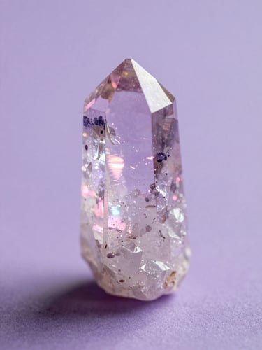 A close-up of light refracting through a raw quartz crystal, casting pastel pink and violet flares across a soft lavender surface, shallow depth of field.