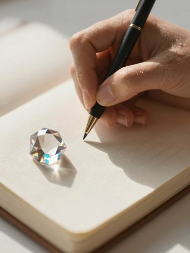 Soft-focus close-up of delicate hands writing in a linen journal, warm morning light leaks and iridescent lens flares reflecting off a crystal prism nearby.