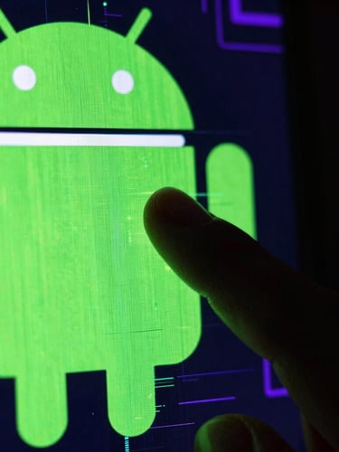 Extreme close-up macro shot of a finger tapping a glowing neon green Android screen, dark ambient cyberpunk background, high-contrast digital glitch texture, 35mm