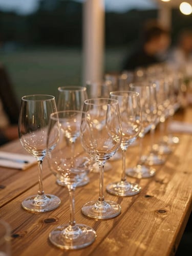 Warm ambient shot of wine glasses lined up on a wooden table at an outdoor evening event, soft golden lighting, shallow depth of field, 35mm
