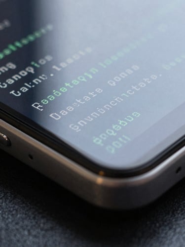 Extreme macro close-up of a premium aluminum Android device bezel, displaying a high-contrast monospaced system diagnostic interface, cool diffused northern daylight, sharp geometric shadows.