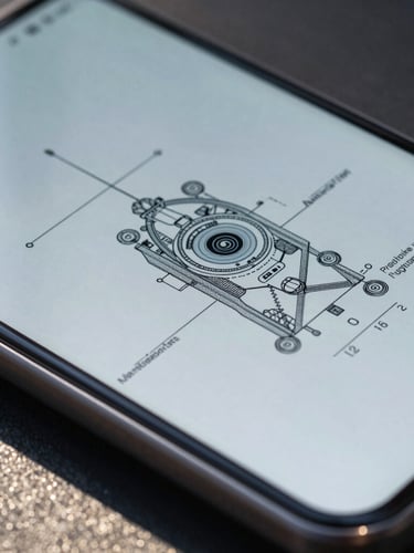Macro close-up of a premium aluminum Android device screen displaying high-fidelity engineering schematics, cool diffused northern daylight, sharp geometric shadows, high contrast.