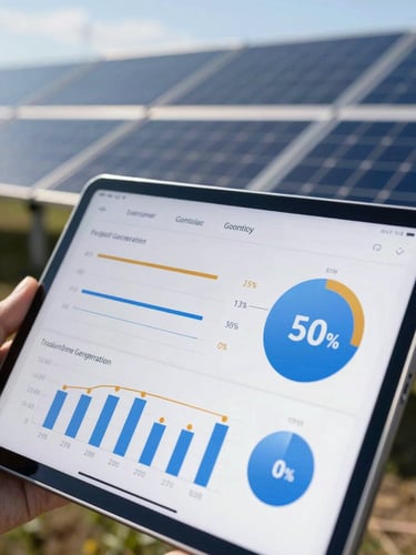 Close-up of a tablet displaying real-time solar energy generation graphics, clean interface with blue and amber metrics, solar panels blurred in the background, bright daylight