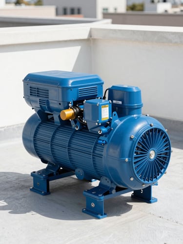 Crisp commercial photography of a modern high-efficiency HVAC compressor unit installed on a clean Mexican rooftop, bright natural sunlight, high-contrast blue tones, sharp focus, 35mm