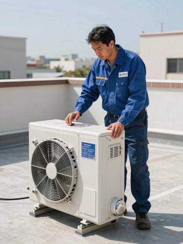 Certified technician in clean branded uniform inspecting a high-efficiency inverter compressor on a sunny Mexican rooftop, crisp commercial photography, 35mm