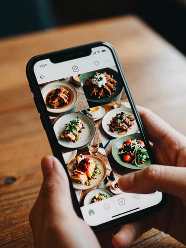 A close-up of a smartphone displaying a beautiful Instagram grid of cozy food photography, held by a hand over a wooden restaurant table