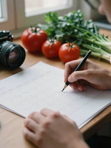 Candid agency work scene with hands sketching a content calendar on crisp parchment next to a camera and fresh ingredients, soft morning window light, 35mm film