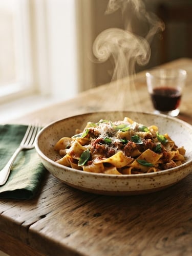 Close-up of steam rising from a bowl of handmade pasta on a rustic wooden table, warm natural Scandinavian side-light, shallow depth of field, 35mm film