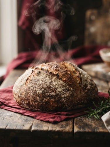 Close-up of steam rising from a fresh sourdough loaf on a dark wooden table, soft natural side-light, rich crimson tones, shallow depth of field, 35mm film