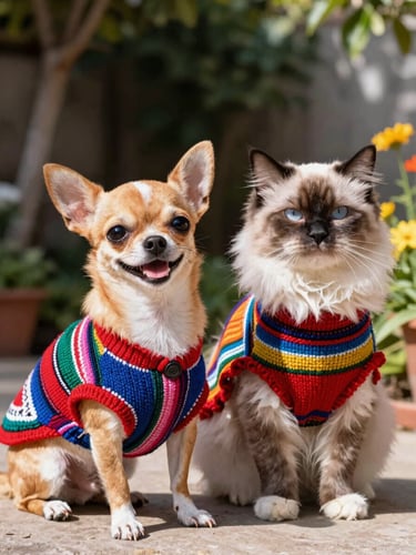 A happy small chihuahua and a fluffy cat sitting together, wearing colorful handmade Mexican sweaters, warm sunny daylight, outdoor garden backdrop, sharp focus on fabric textures